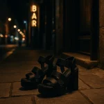 Μαύρες ψηλές πλατφόρμες έξω από bar με βραδινό αστικό φόντο.