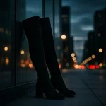 Μαύρες μπότες πάνω από το γόνατο δίπλα σε γυάλινη πρόσοψη με βραδινό φωτισμό πόλης.