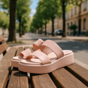 Ροζ flatforms πάνω σε ξύλινο παγκάκι σε δεντροφυτεμένο πεζόδρομο.