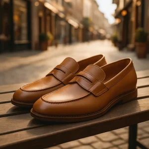 Ταμπά δερμάτινα loafers πάνω σε ξύλινο παγκάκι αστικής εμπορικής περιοχής.